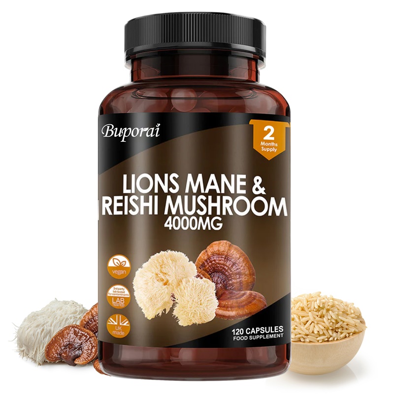 Lion Mane Mushroom - ライオンズ メイン＆レイシ マッシュルーム 4000mg - 脳の記憶力と集中力、免疫とストレス軽減のためのノオトロピック